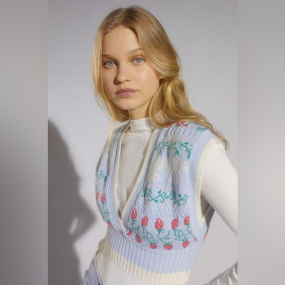 Urban Outfitters Cropped Knit Sweater Vest Floral Strawberry Butterflies Size XS - Picture 1 of 8